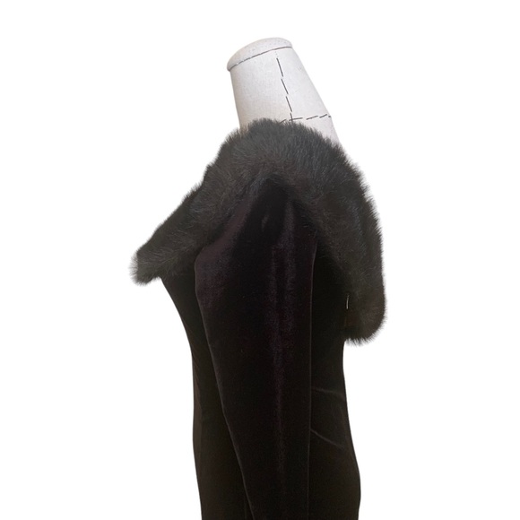 Vintage 90s Chocolate Brown Stretch Velvet Faux Fur Collar Maxi Dress Small - Picture 10 of 12